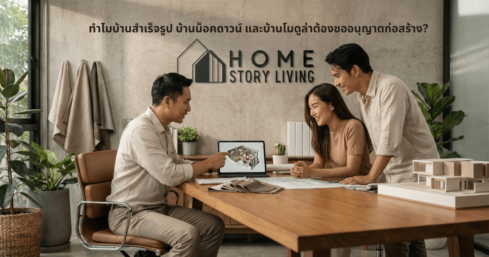 ผู้เชี่ยวชาญจาก Home Story Living กำลังอธิบายเอกสารใบอนุญาตก่อสร้างและแบบบ้านนวัตกรรม Prime ให้กับลูกค้าคนไทยในออฟฟิศที่ทันสมัย