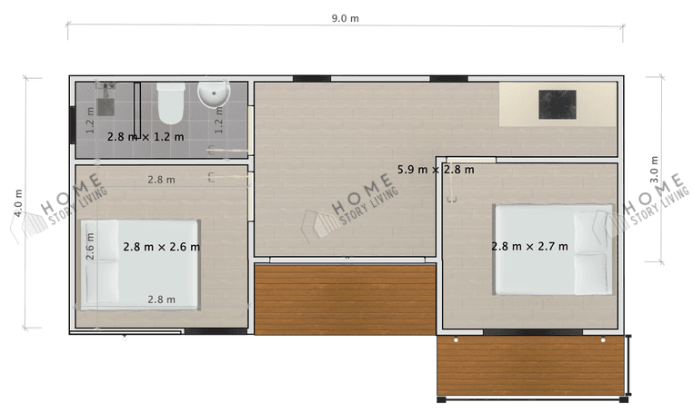 现代U型 01户型图,尺寸9 × 4米