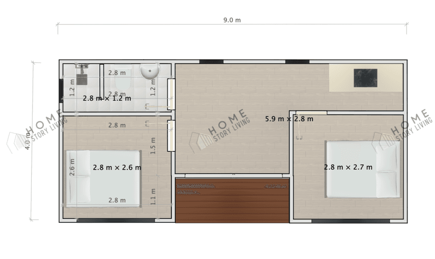 モダンU型 02の間取り図、サイズ9 × 4m